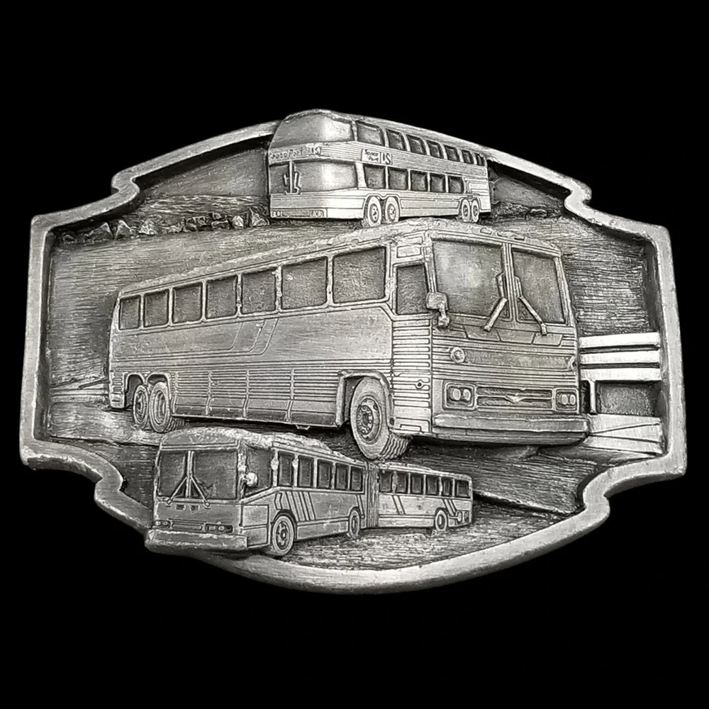Vintage Buses Move The World Belt‎ Buckle USA Made Pewter Novelty Transportation